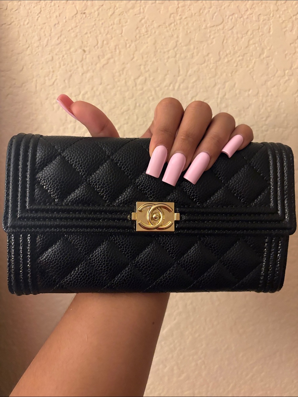 CHANEL Black Quilted Caviar Wallet with Gold CC Lock😍